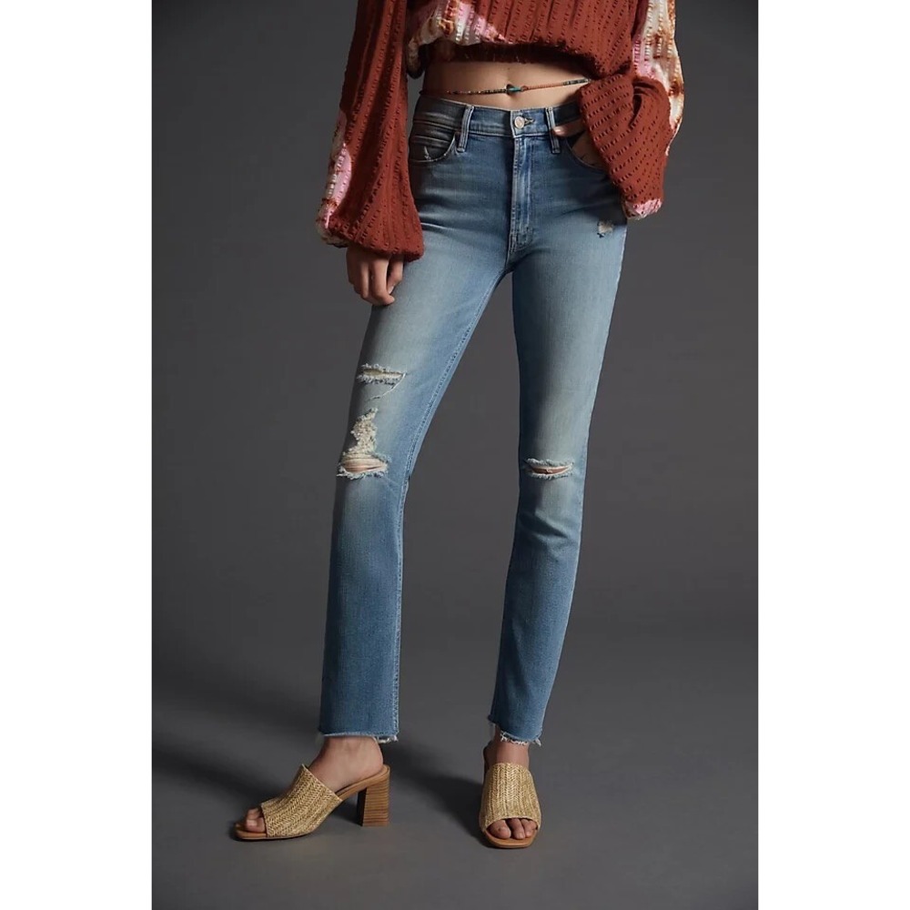 Mother The Mid Rise Dazzler Ankle Fray Jeans Weekend Kitten Distressed Blue 24